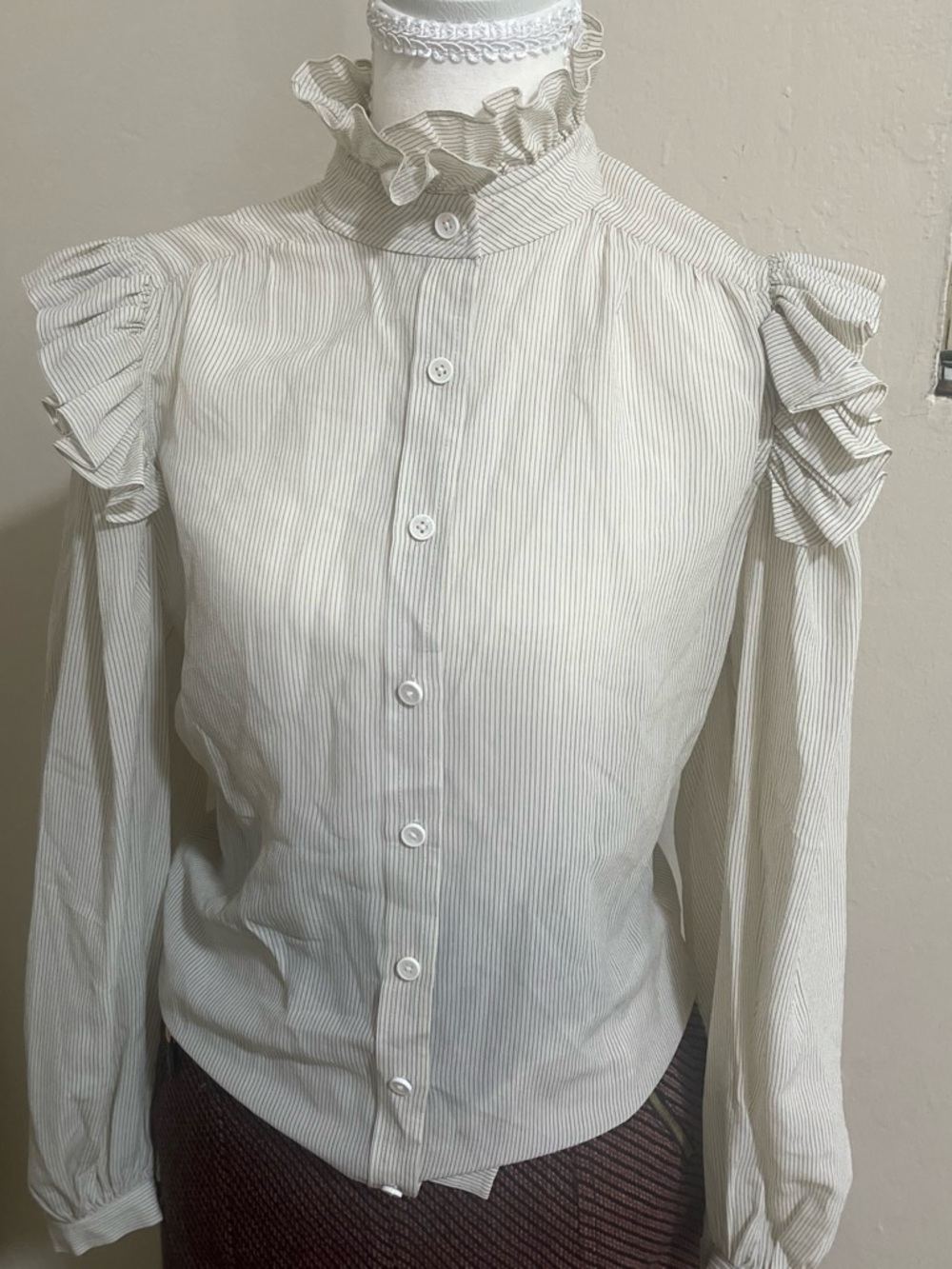 ICON Cream and Light Gray Pinstripe Ruffle High-Neck Button-Front Blouse